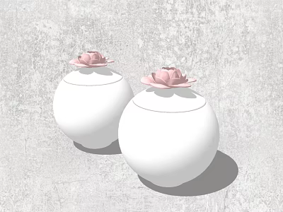 Two White Spherical Vases With Pink Lotus Flowers On Gray Textured Background 3d model