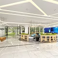 Modern Reception Desk Space With Chandelier Bookshelves Green Plants Large Windows And Bright Lighting