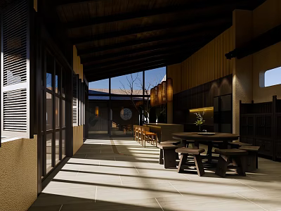 Shopping Mall Store Interior With Wooden Ceiling Large Windows Natural Light And Tables 3d model