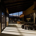 Shopping Mall Store Interior With Wooden Ceiling Large Windows Natural Light And Tables
