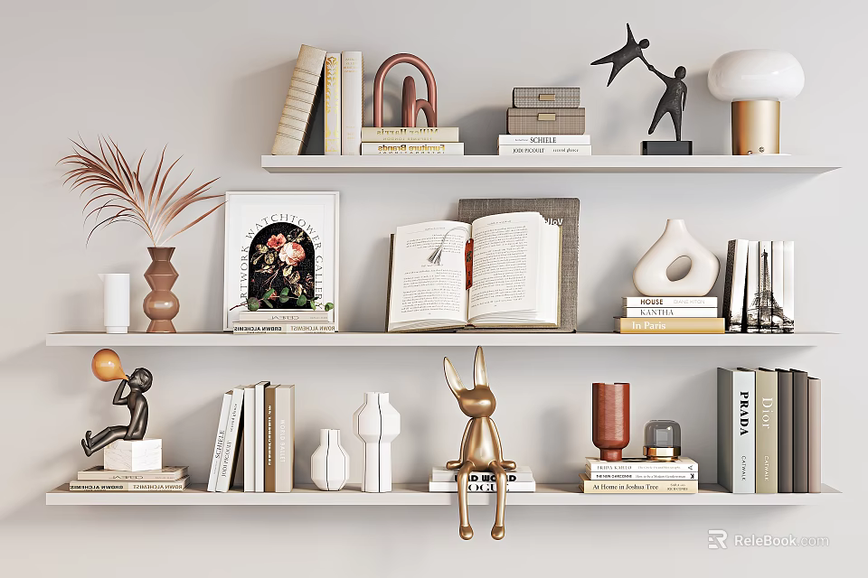 Decorative Ornament Combinations on Shelves with Books Sculptures Vases Picture Frame and Decorative Items 3d model 