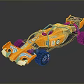 Orange Open Wheel Race Car With Aerodynamic Body Large Rear Wing And Sponsor Decals