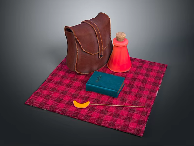Brown Leather Shoulder Bag On Red Plaid Cloth With Small Accessories 3d model