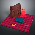 Brown Leather Shoulder Bag On Red Plaid Cloth With Small Accessories