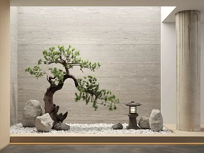 Zen Garden Bonsai Pine Tree With Stones Pebbles And Stone Lantern 3d model