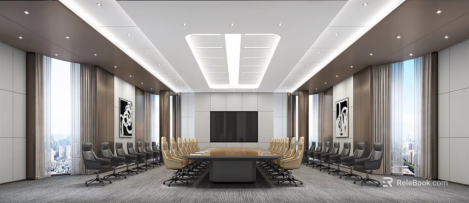 Modern Conference Room Interior Design With Long Table Large Screen And Wall Paintings 3d model 
