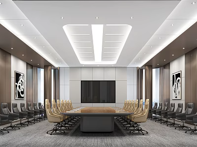 Modern Conference Room Interior Design With Long Table Large Screen And Wall Paintings 3d model