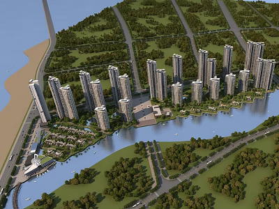 Aerial View Planning Of Waterfront Urban Area With Tall Buildings Green Spaces And Roads 3d model