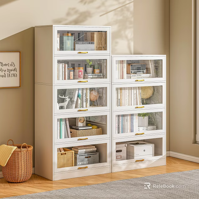 White Bookshelf with Glass Door Compartments Books Decorative Deer Figurine Photo Frame and Storage Boxes 3d model 