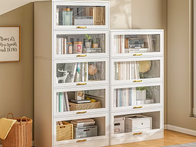 White Bookshelf with Glass Door Compartments Books Decorative Deer Figurine Photo Frame and Storage Boxes 3d model