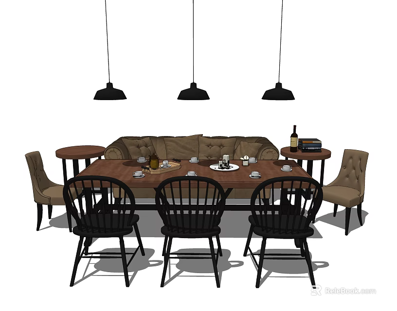 Wooden Dining Table Set With Black And Beige Chairs Three Pendant Lights Tableware Wine Bottle 3d model 