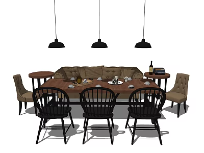 Wooden Dining Table Set With Black And Beige Chairs Three Pendant Lights Tableware Wine Bottle 3d model