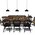 Wooden Dining Table Set With Black And Beige Chairs Three Pendant Lights Tableware Wine Bottle