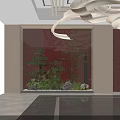 Hotel Lobby Interior With Red Backdrop Lattice Screens Bonsai Tree And Rockery