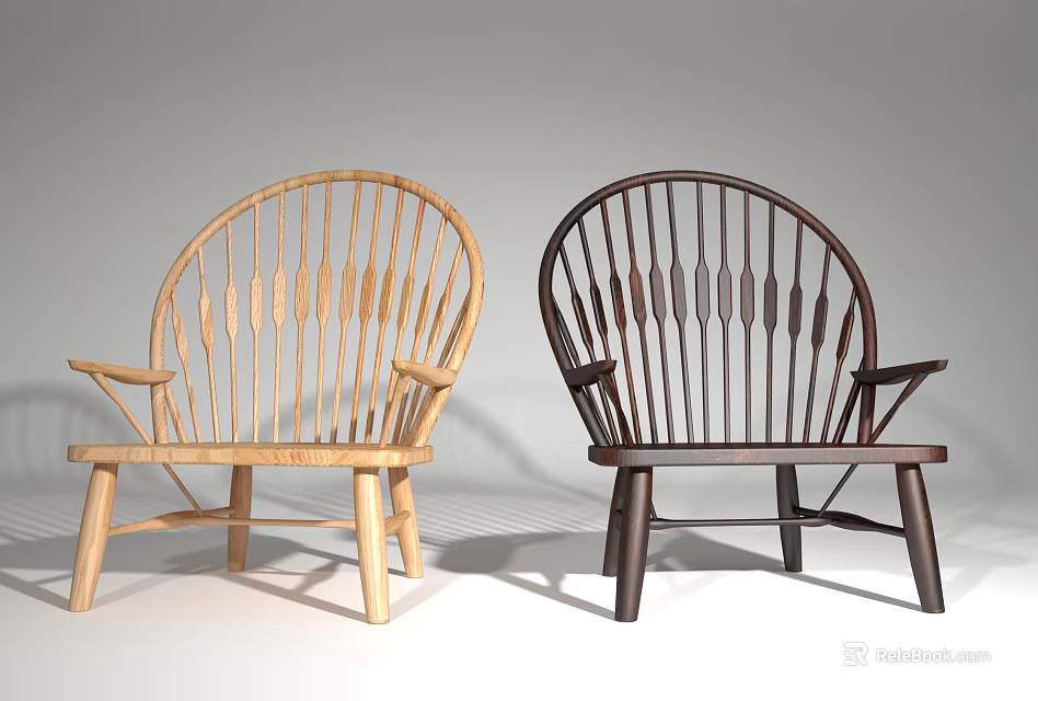 Light And Dark Wooden Armchairs With Vertical Slat Backs And Wooden Legs 3d model 