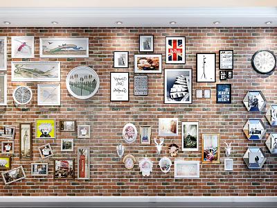 Eclectic Photo Wall With Various Frames Different Sizes Photos Artworks And Clock On Brick Wall 3d model