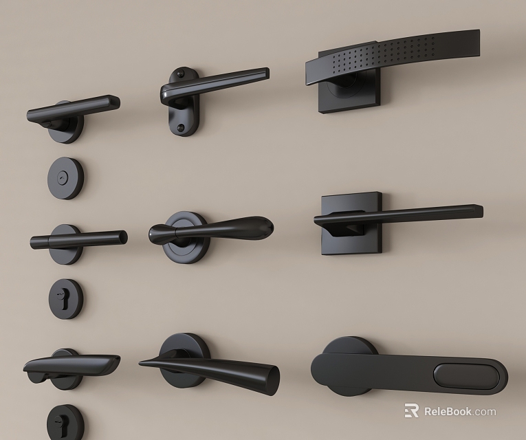 Black Door Handles with Various Modern Designs Different Styles and Shapes 3d model 