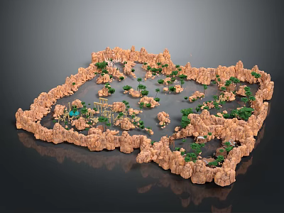Natural Scenic Landscape With Rocky Surroundings Water Features And Lush Green Plants 3d model