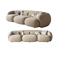 Modern Three Seater Sofa In Beige Fabric With Curved Design And Decorative Pillows