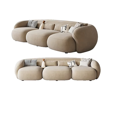Modern Three Seater Sofa In Beige Fabric With Curved Design And Decorative Pillows 3d model