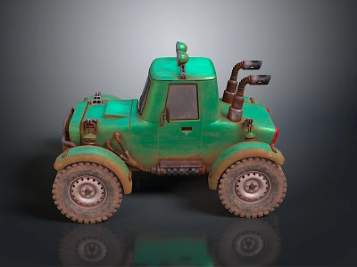 Green Vintage Truck Model With Large Tires Roof Antenna And Exhaust Pipes 3d model
