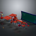 Red Functional Desk Design With Matching Chairs And Blackboard In Study Space 3d model