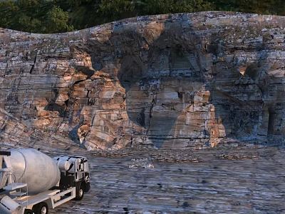 Natural Layered Rocky Mountain Slope With Concrete Mixer Truck At Construction Site 3d model