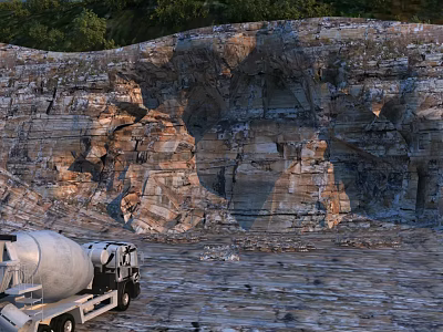 Natural Layered Rocky Mountain Slope With Concrete Mixer Truck At Construction Site 3d model