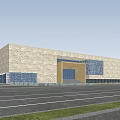 Modern Museum Building With Stone Facade Blue Decorative Elements And Front Lawn Area 3d model