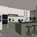 Modern Kitchen With White Green Cabinets Island Counter Appliances And Stools