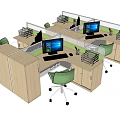 Modern Partitioned Office Workstations With Green Chairs Computers And File Organizers 3d model