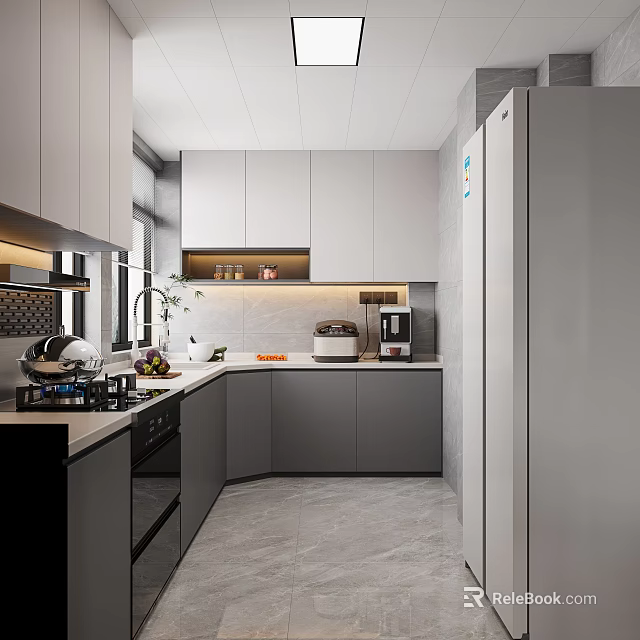 Modern Kitchen Interior Design With Gray Cabinets Countertop Lighting And Appliances 3d model