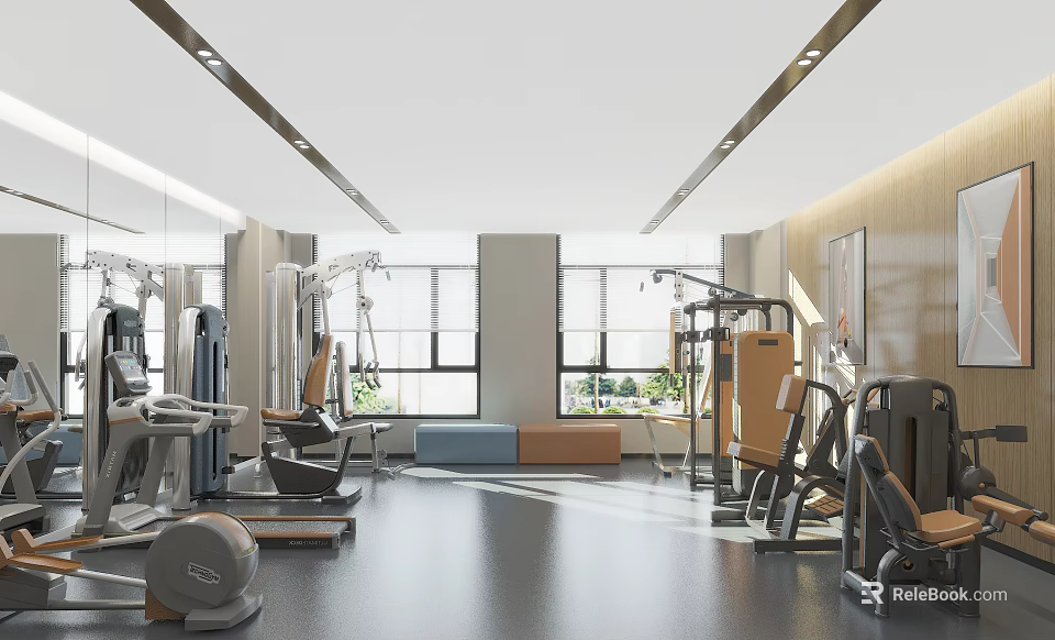 Modern Fitness Gym Interior With Workout Equipment Rest Benches And Large Windows 3d model 