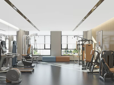 Modern Fitness Gym Interior With Workout Equipment Rest Benches And Large Windows 3d model