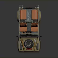 Khaki Colored Open Top Military Vehicle With Spare Tire And Orange Seats