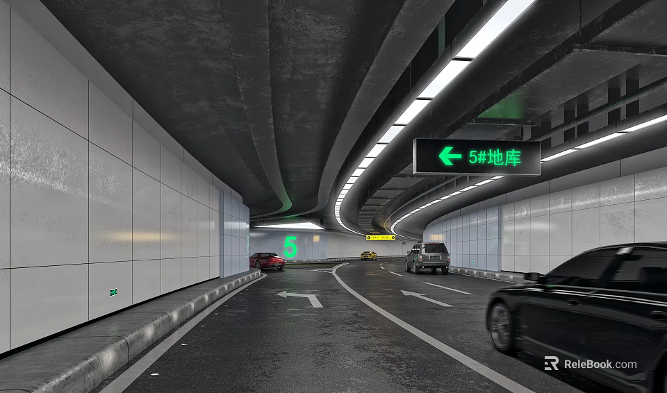 Underground Tunnel Road Facilities With Directional Signage Lighting And Vehicle Lanes 3d model 
