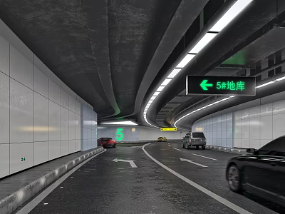 Underground Tunnel Road Facilities With Directional Signage Lighting And Vehicle Lanes 3d model