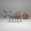 Wooden Mechanical Structures With Windmill Blades Water Wheel Small Wheel Ladders And Metal Frames