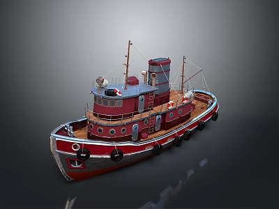 Vintage Red Brown Tugboat With Wooden Deck Chimney Lifebuoy And Tires 3d model