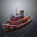 Vintage Red Brown Tugboat With Wooden Deck Chimney Lifebuoy And Tires