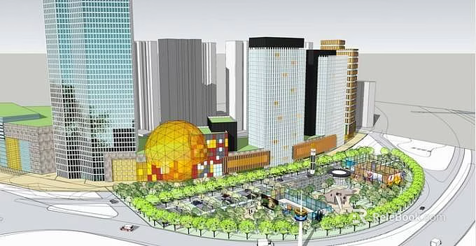 Modern Urban Commercial Complex Featuring High Rise Buildings Circular Golden Structure And Green Plaza 3d model 