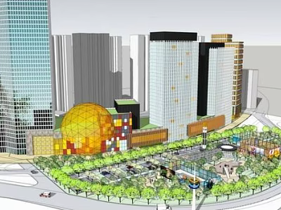 Modern Urban Commercial Complex Featuring High Rise Buildings Circular Golden Structure And Green Plaza 3d model
