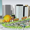 Modern Urban Commercial Complex Featuring High Rise Buildings Circular Golden Structure And Green Plaza