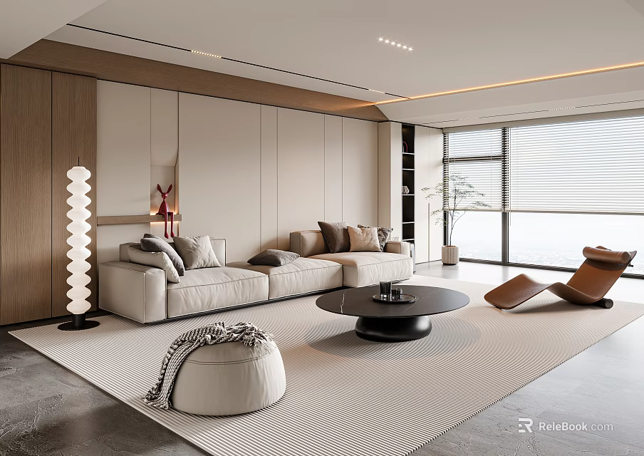 Modern Living Room Interior With Light-colored Sofa Round Coffee Table And Floor Lamp 3d model 