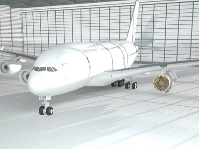 White Airliner in Hangar Parked With Metal Frame Smooth Floor Four Engines Golden Interior Detail 3d model