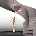 Spiral Staircase With Hanging Brown White Spherical Pendant Lights Red Sculpture On Marble Base Platform