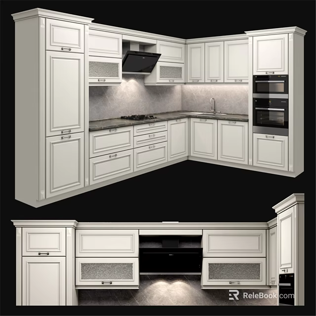 Modern Kitchen Interior With White Cabinets Marble Countertop And Built in Oven 3d model 