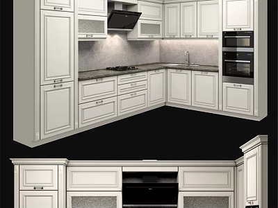 Modern Kitchen Interior With White Cabinets Marble Countertop And Built in Oven 3d model