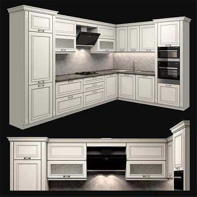 Modern Kitchen Interior With White Cabinets Marble Countertop And Built in Oven 3d model