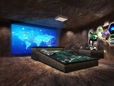 Cave Style Bedroom With Large Blue World Map Screen Rock Walls And Decorative Paintings 3d model
